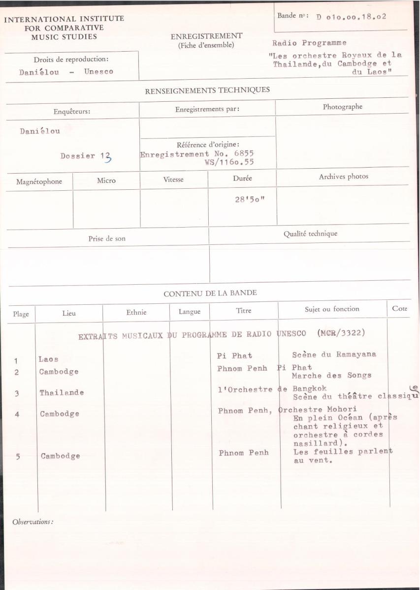Radio Programme "Les Orchestres Royaux de la Thailande, du Cambodge et du Laos": Extraits musicaux du programme de Radio Unesco (MCR / 3322)