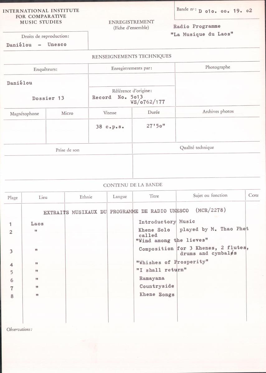 Radio Programme "La Musique du Laos": Extraits musicaux du programme de Radio Unesco (MCR / 2278)
