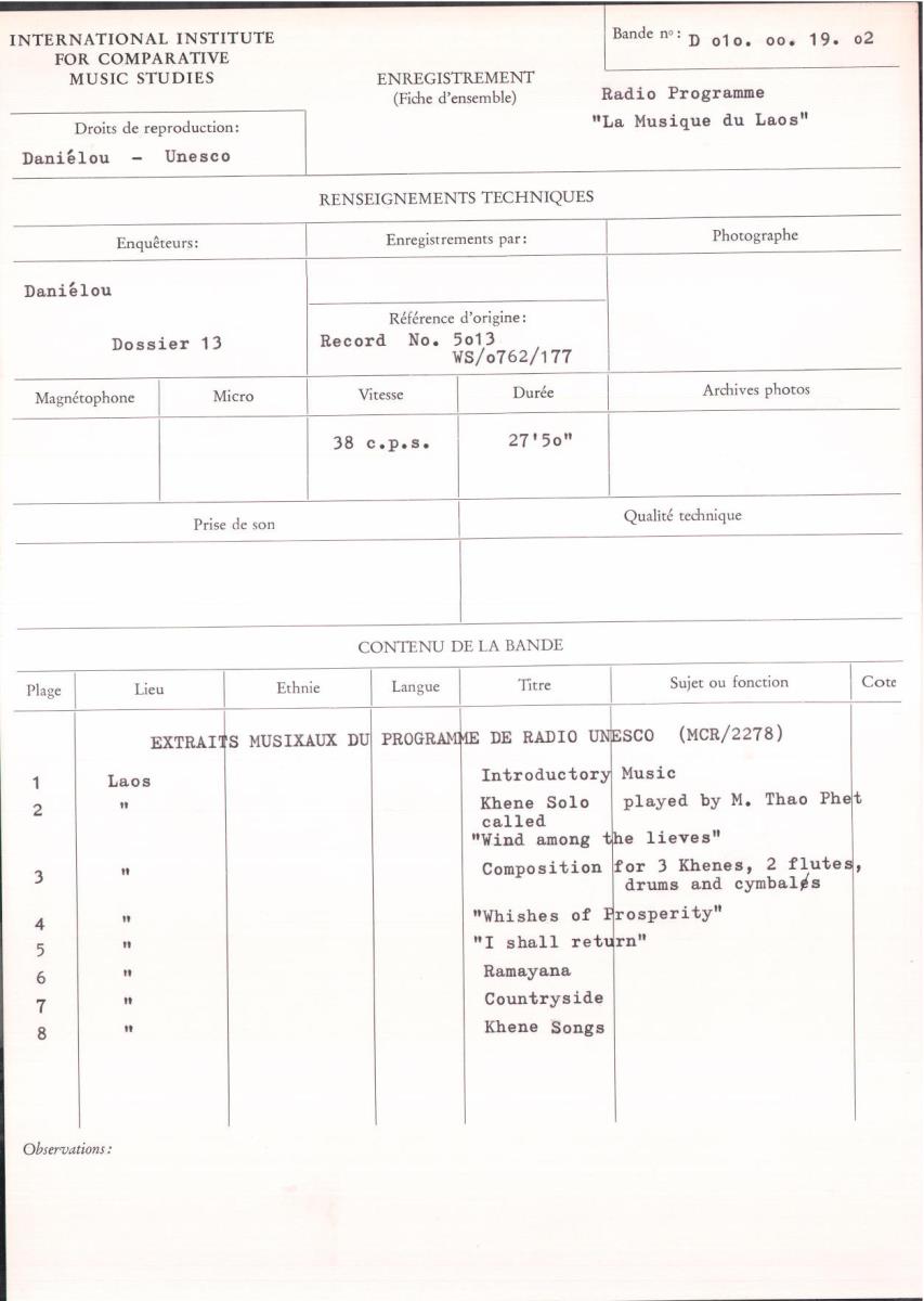 Radio Programme "La Musique du Laos": Extraits musicaux du programme de Radio Unesco (MCR / 2278)