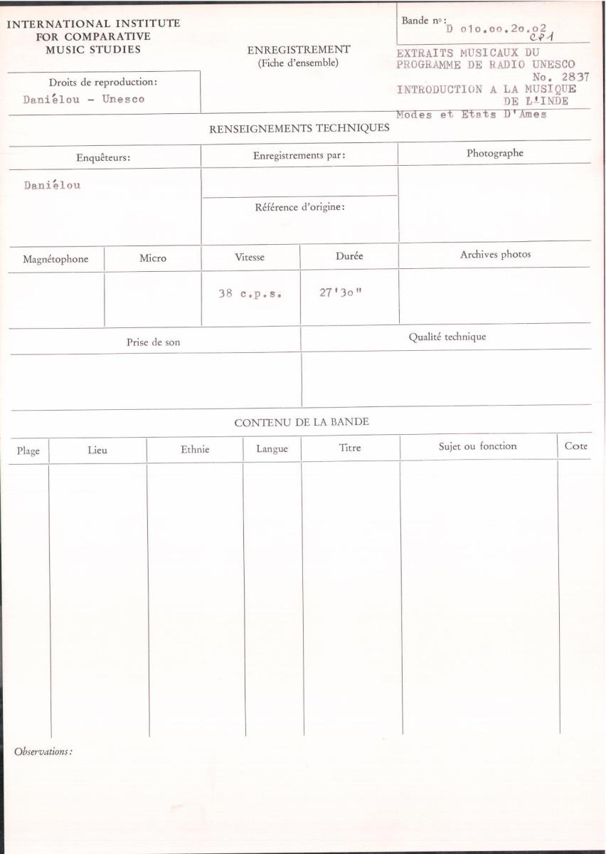 "Introduction à la Musique de l'Inde: Modes et Etats d'Ames": Extraits musicaux du programme de Radio Unesco No. 2837