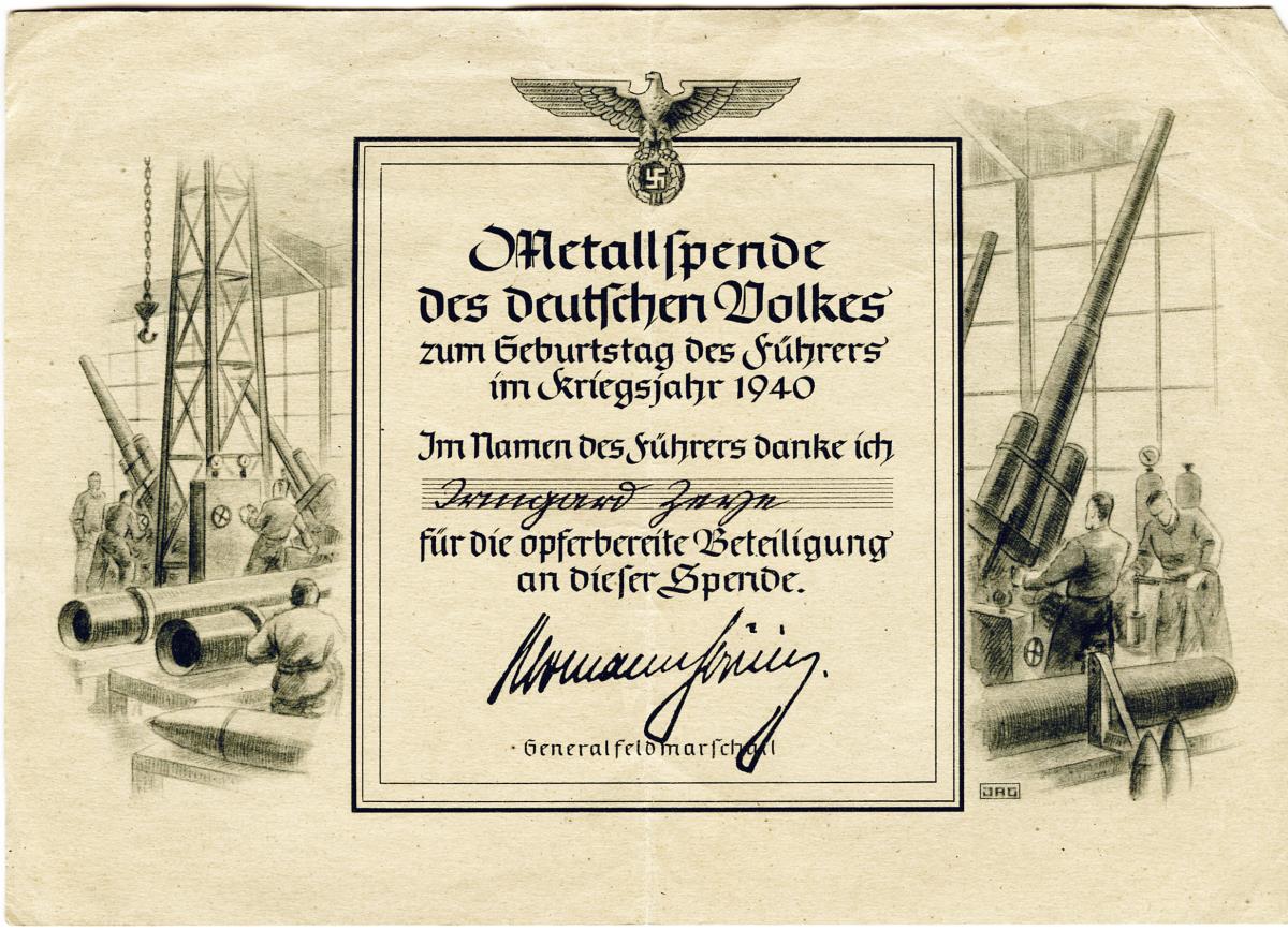 Metallspende des Deutschen Volkes zum Geburtstag des Führers im Kriegsjahr 1940
