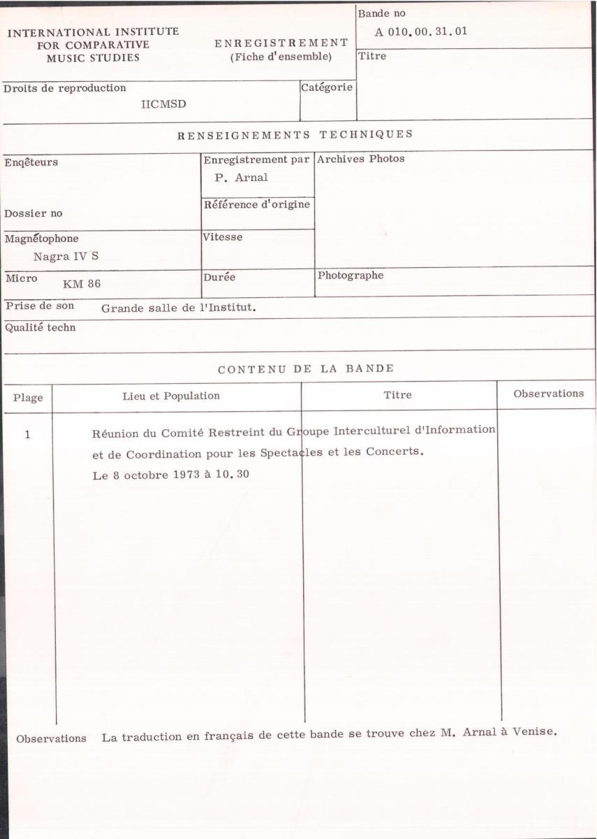 Réunion du Comité Restreint du Groupe Interculturel d'Information et de Coordination pour les Spectacles et les Concerts
