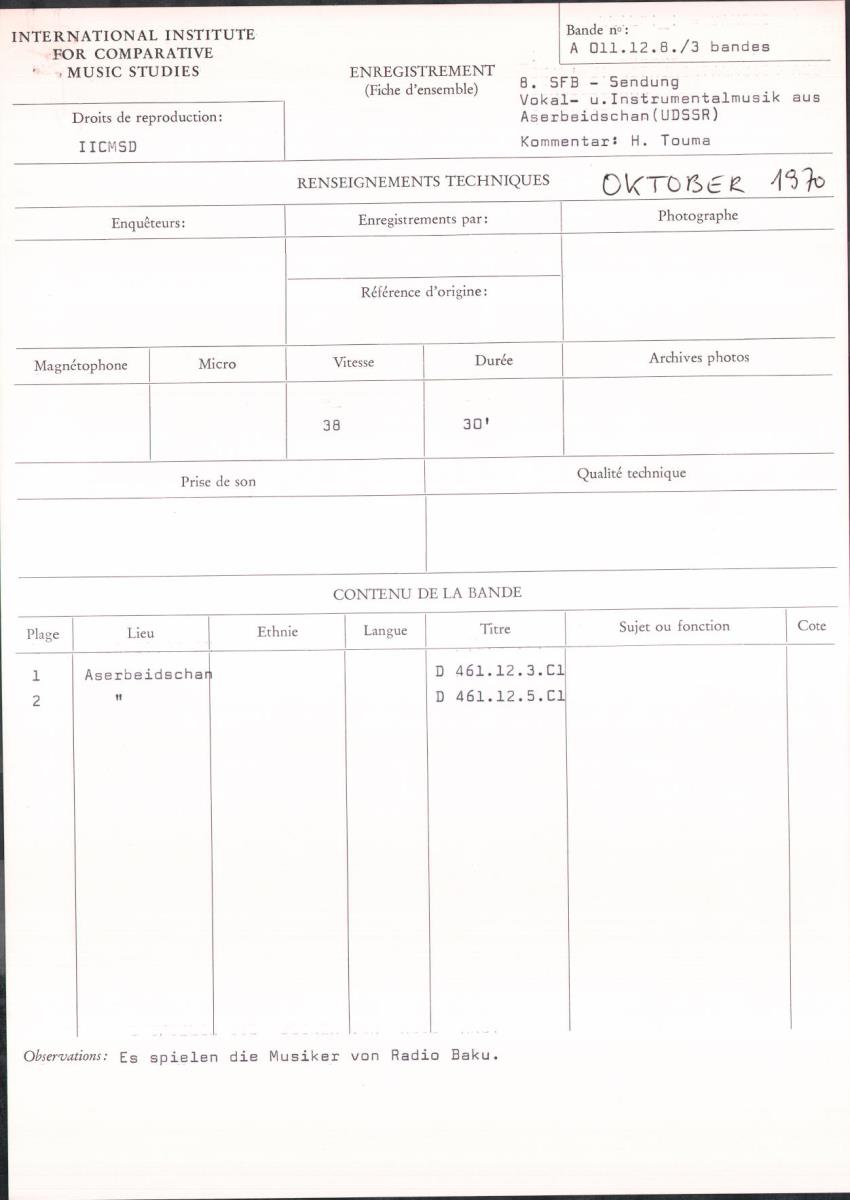 8. SFB-Sendung "Vokal- und Instrumentalmusik aus Aserbeidschan (UdSSR)"