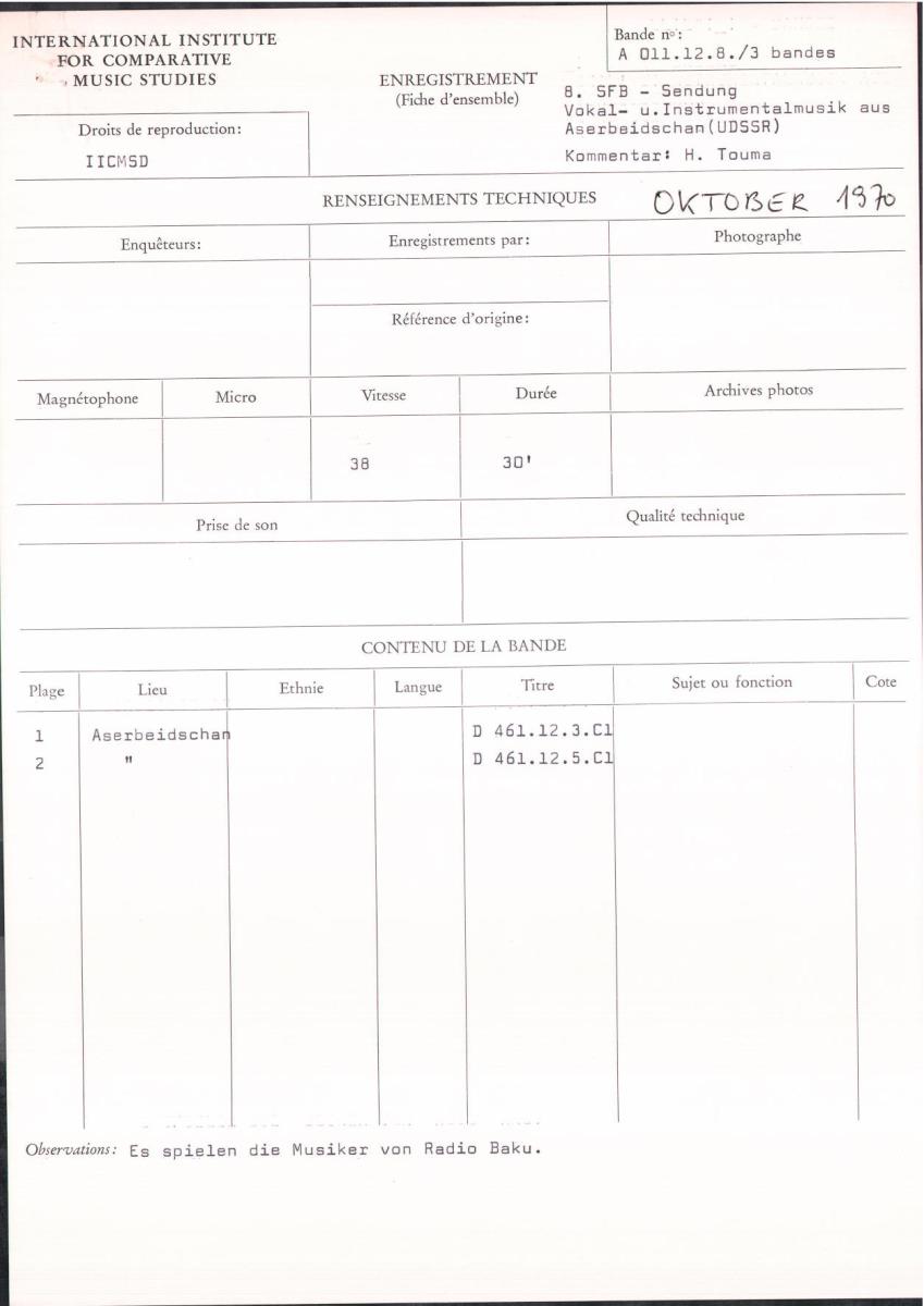8. SFB-Sendung "Vokal- und Instrumentalmusik aus Aserbeidschan (UdSSR)"