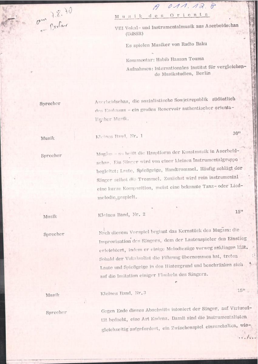 8. SFB-Sendung "Vokal- und Instrumentalmusik aus Aserbeidschan (UdSSR)"