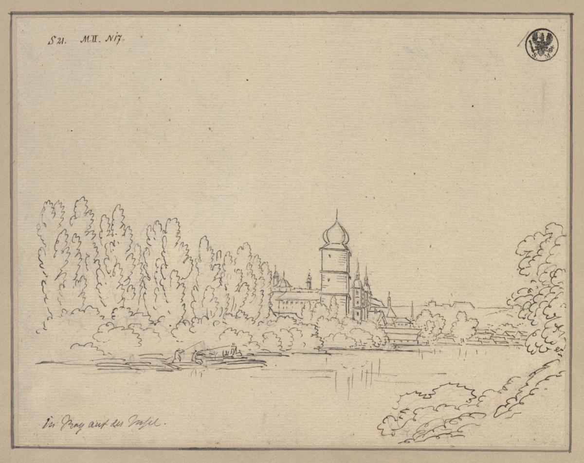 Die Schützeninsel in Prag / Blick nach Norden von der Schützeninsel auf die Slawische Insel mit dem Neustädter Wasserturm