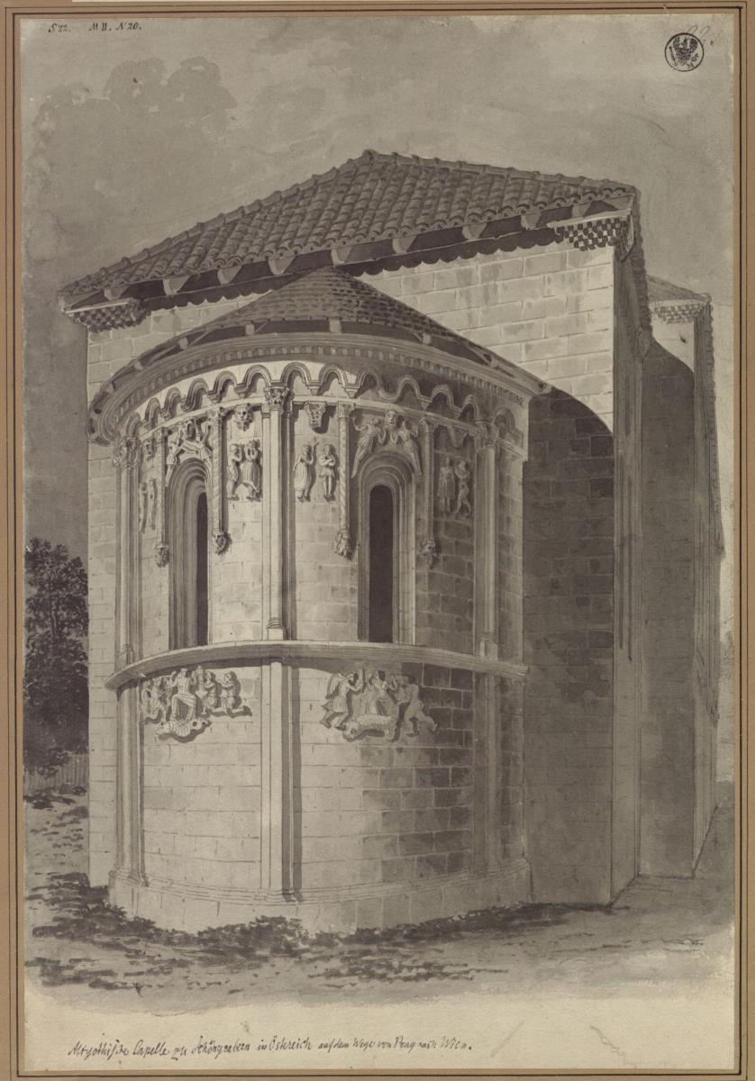 Schöngrabern in Niederösterreich. Choransicht der romanischen Pfarrkirche