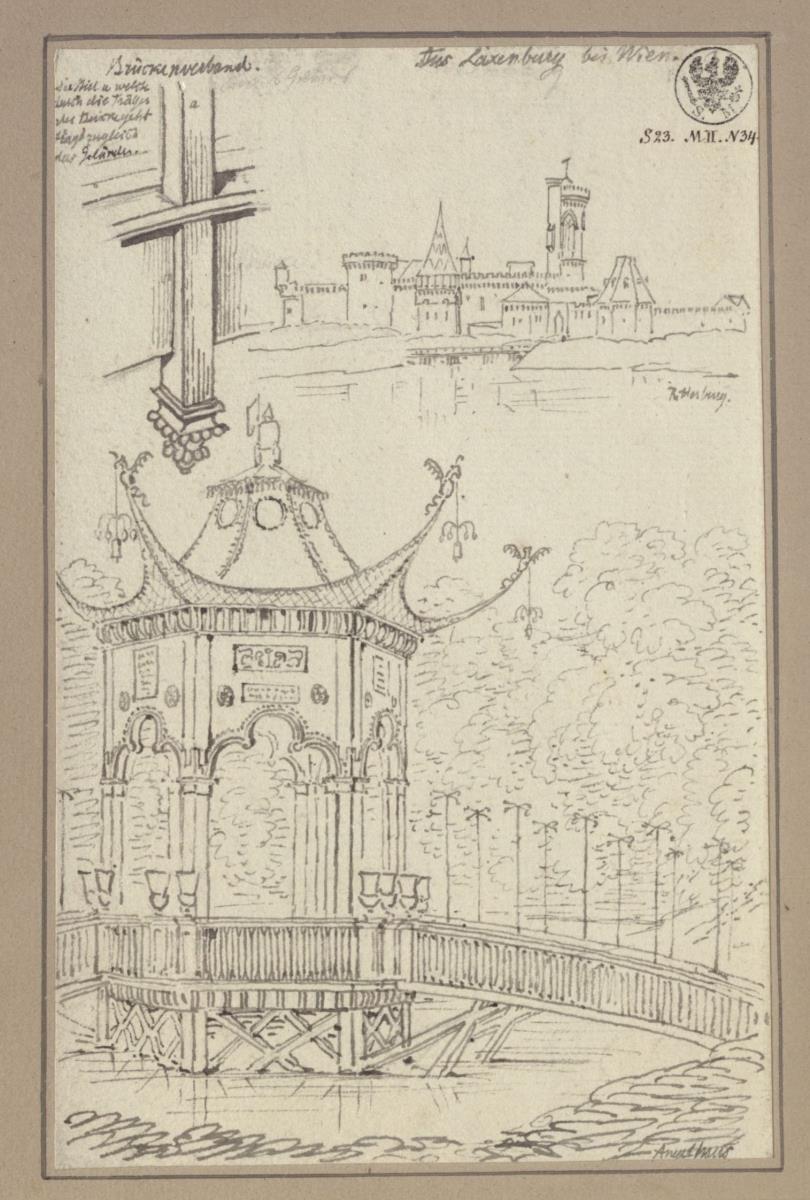 Franzensburg in Laxenburg südlich von Wien. Brückenverband, Ansicht der Franzensburg, Chinesischer Pavillon (Angelhaus) im Karpfenteich