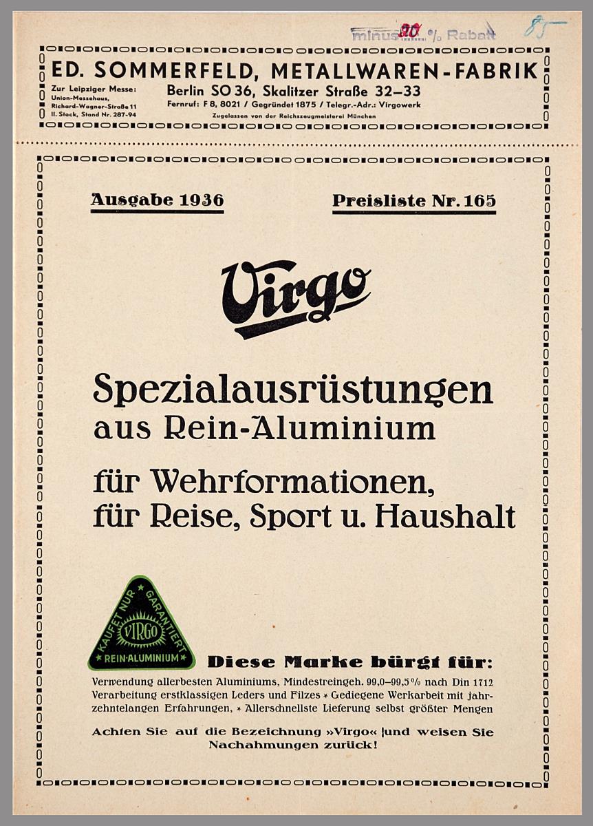 Virgo Spezialausrüstungen aus Rein-Alluminium für Wehrformationen, Reise, Sport u.Haushalt. Ausgabe 1936 Preisliste Nr. 165.