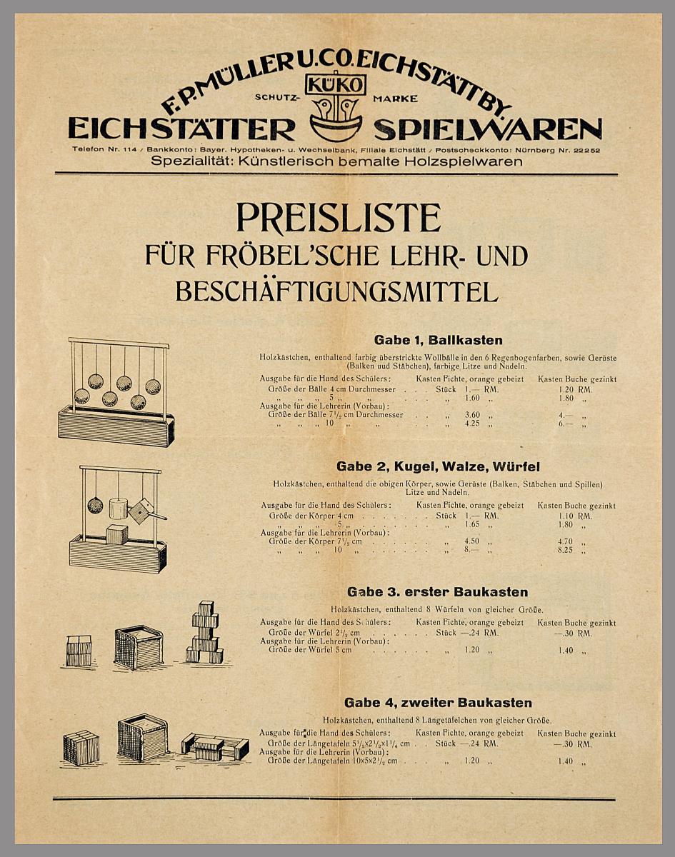 Eichstätter Spielwaren. Spezialität: Künstlerisch bemalte Holzspielwaren Preisliste für Föbel'sche Lehr-und Beschäftigungsmittel