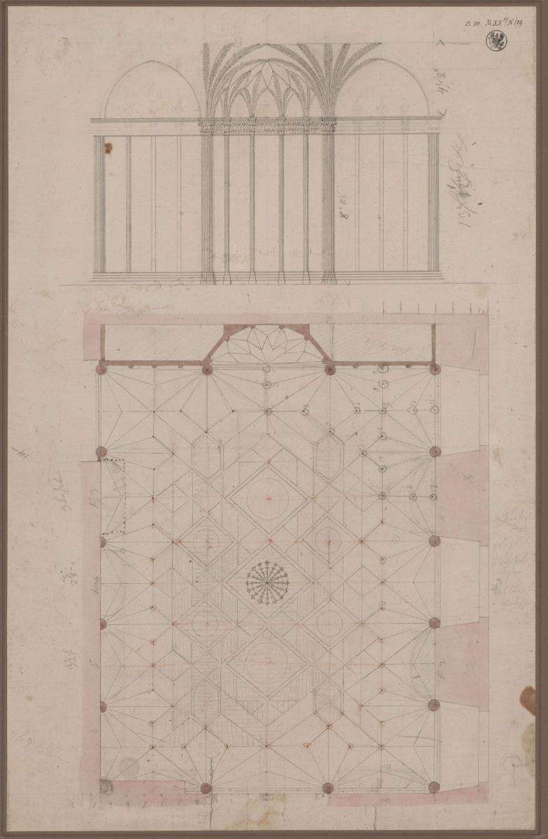 Entwurf zu einem Festsaal mit Palmsäulen. Grundriss und Aufriss der Stirnwand
