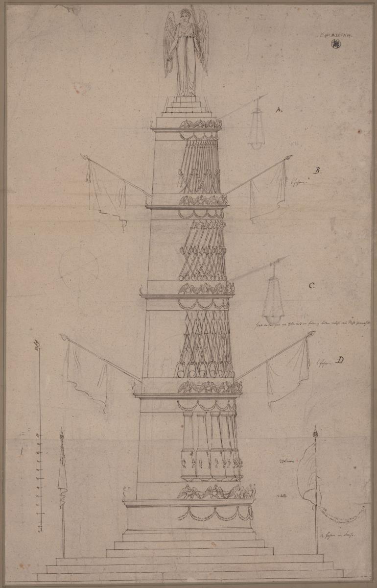 Berlin, Unter den Linden. Entwurf zu einer Siegessäule an der Opernbrücke, etwa auf Höhe der heutigen Neuen Wache