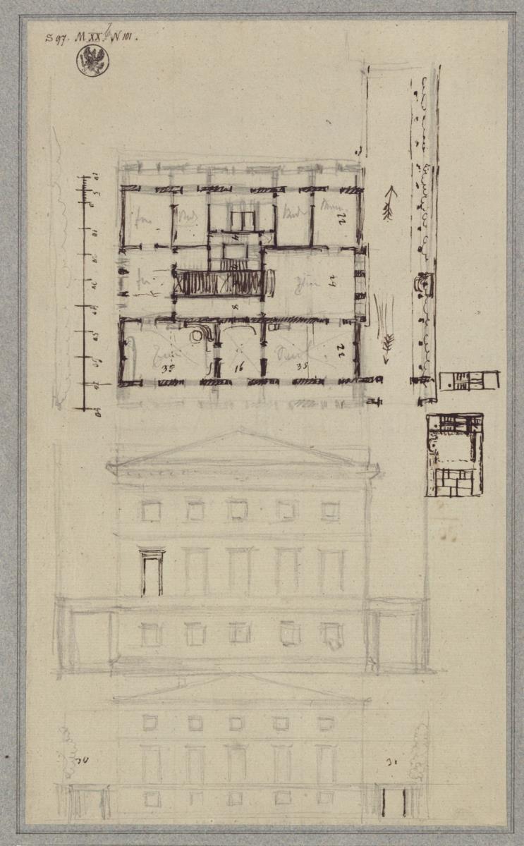 Entwürfe zu einem Palast mit Pergolen. Grundriss und Ansichten