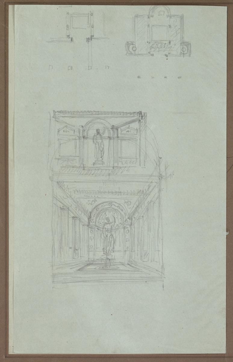 Potsdam-Sanssouci. Römische Bäder bei Schloss Charlottenhof. Grundriss, Querschnitt, Ansicht des Atriums mit Impluvium und zentraler Brunnenfigur