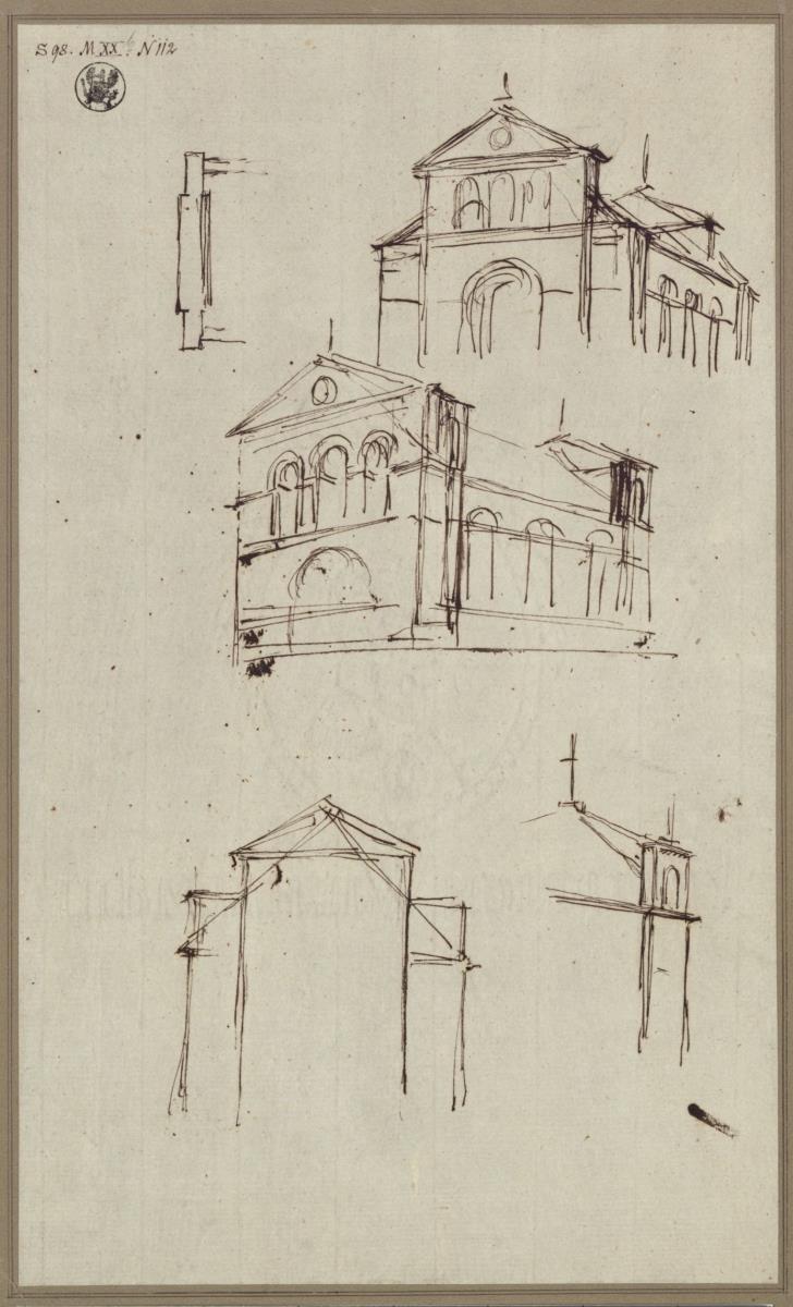 Entwurf für eine Kirche mit Ost- und Westgiebel. Zwei Varianten, Querschnitt und Ausschnitt Giebelansatz.