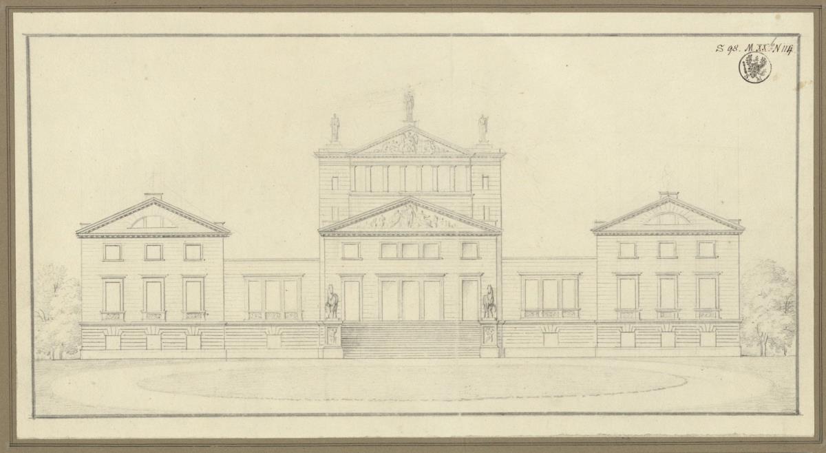 Entwurf für ein klassizistisches Schloss mit Säulenhalle. Aufriss.