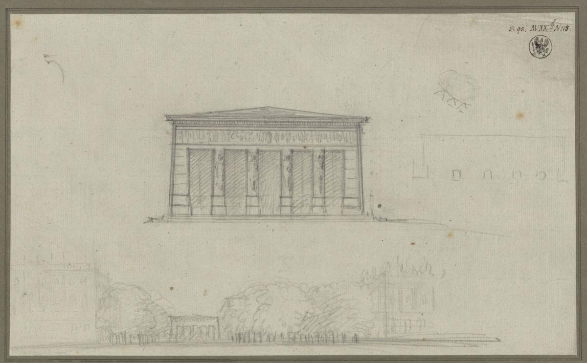 Berlin. Neue Wache. Entwurf als ägyptischer Pfeilerbau. Aufriss und Ansicht.