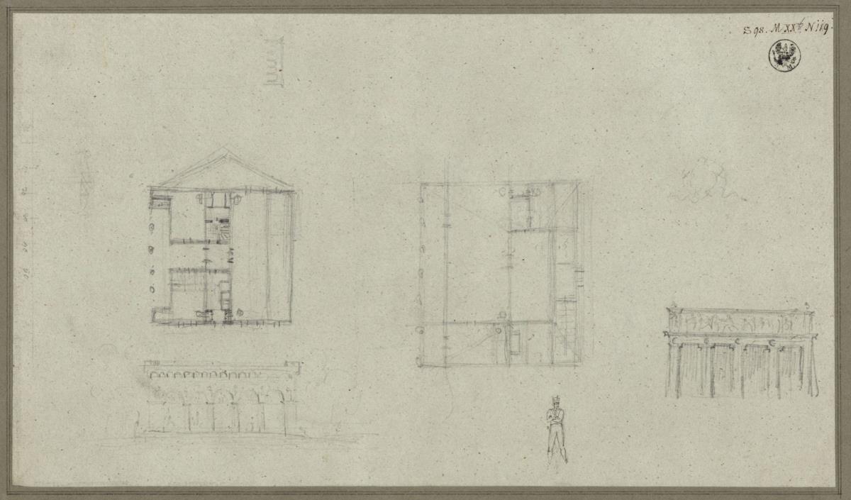 Berlin. Neue Wache. Entwurf als Rundbogenhalle und Pfeilerbau. Aufrisse und Grundrisse