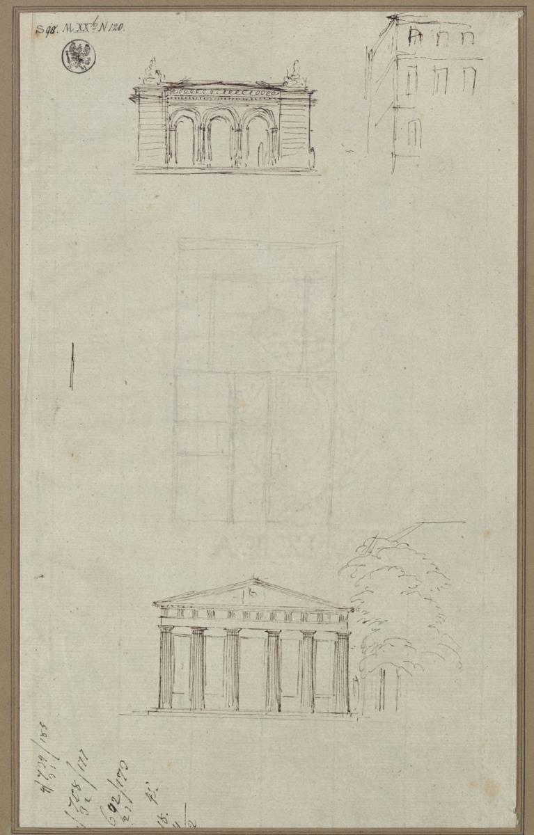 Berlin. Neue Wache. Entwurf als Rundbogenhalle und Säulenhalle. Aufrisse und Grundrisse