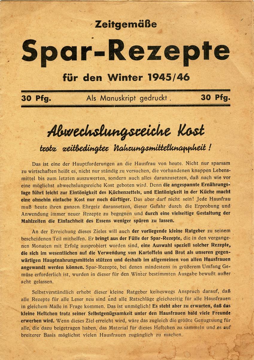 Zeitgemäße Spar-Rezepte für den Winter 1945/46