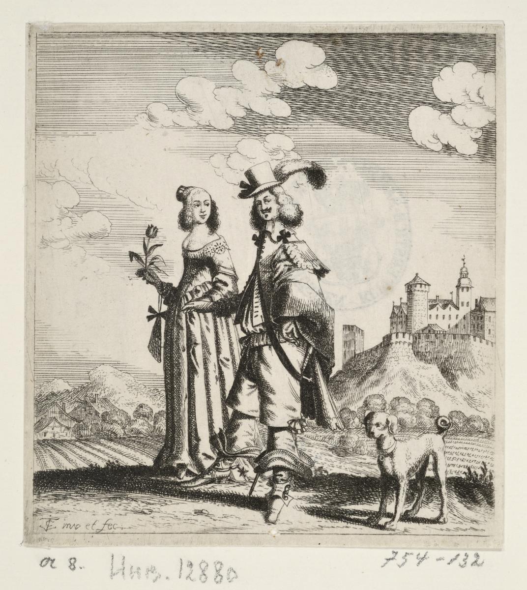 Spaziergang eines vornehmen Paares mit Hund (Der Künstler und seine Frau?)