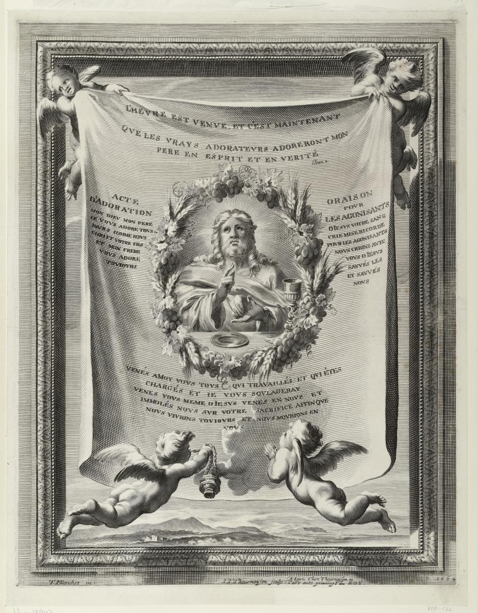 Christus mit Kelch und Brot, Brustbild auf einem Tuch, von Engeln gehalten