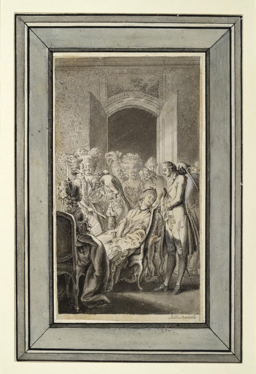 Illustration zu "Werthers Leiden". Werther in der Gesellschaft beim Fechten