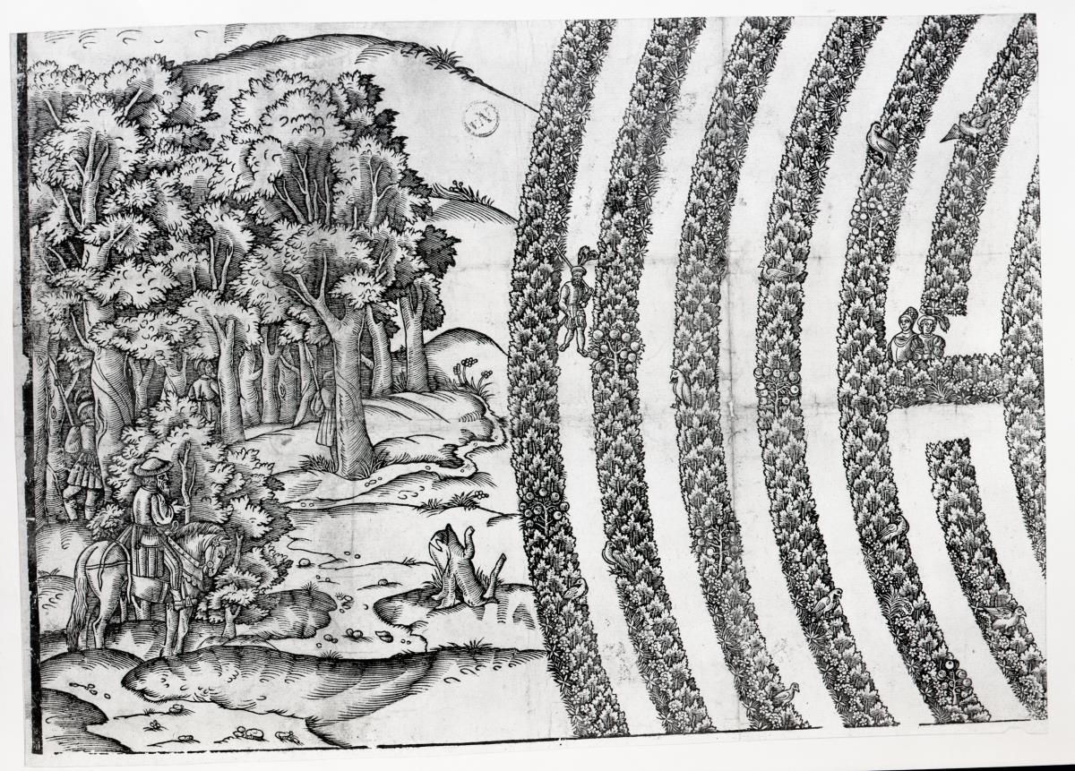 Labyrinthus - das große Liebesgarten-Labyrinth mit Reitern, einem lagernden Hirten und seiner Herde und der badenden Diana mit ihren Nymphen
