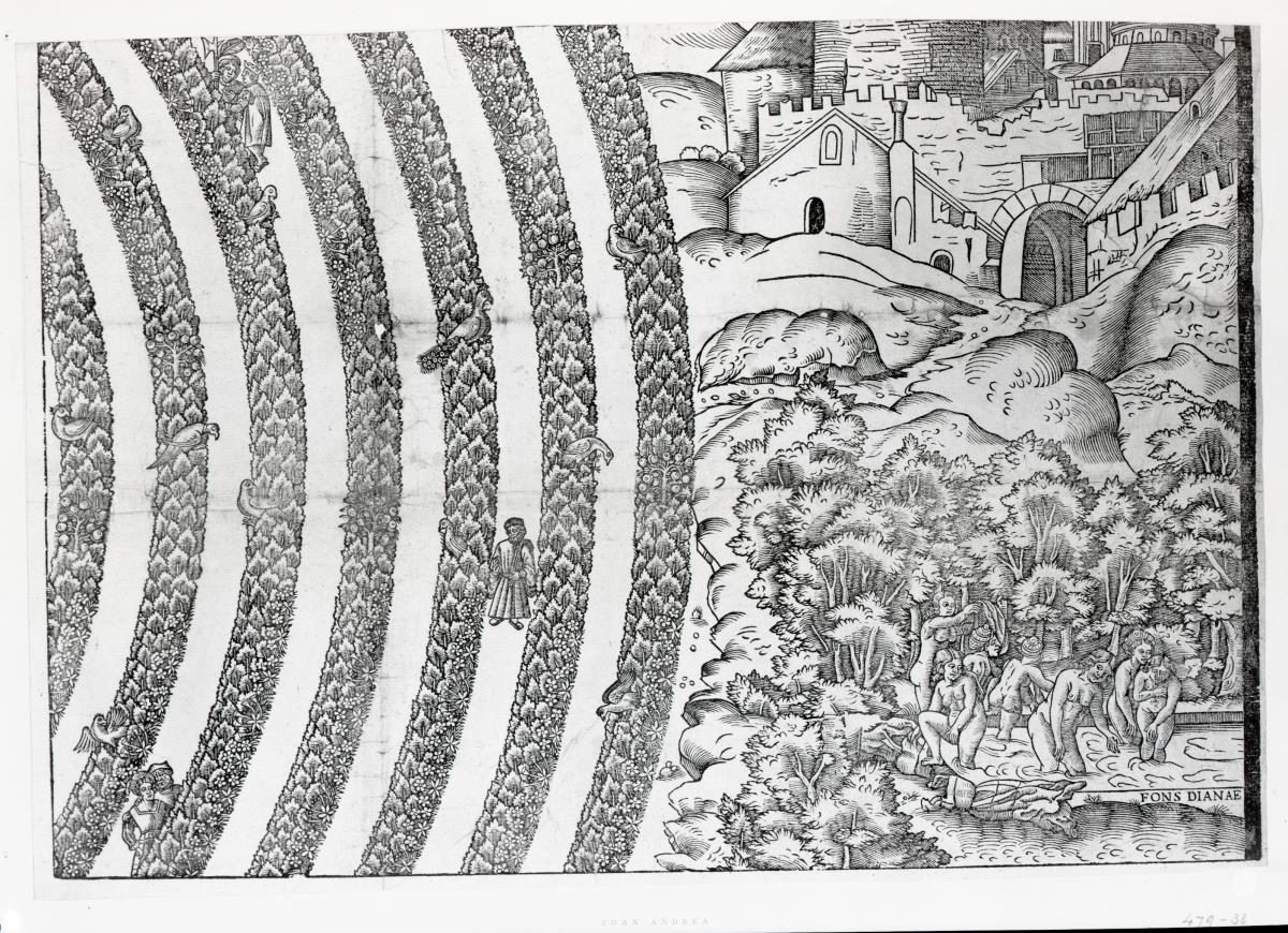 Labyrinthus - das große Liebesgarten-Labyrinth mit Reitern, einem lagernden Hirten und seiner Herde und der badenden Diana mit ihren Nymphen