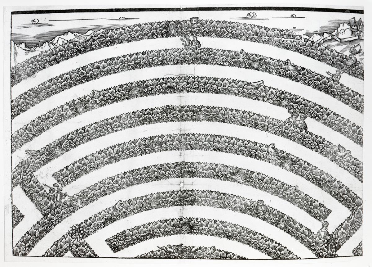 Labyrinthus - das große Liebesgarten-Labyrinth mit Reitern, einem lagernden Hirten und seiner Herde und der badenden Diana mit ihren Nymphen