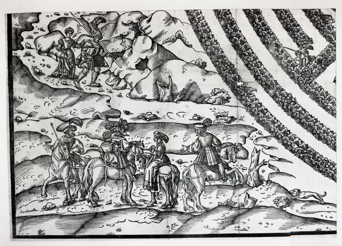 Labyrinthus - das große Liebesgarten-Labyrinth mit Reitern, einem lagernden Hirten und seiner Herde und der badenden Diana mit ihren Nymphen