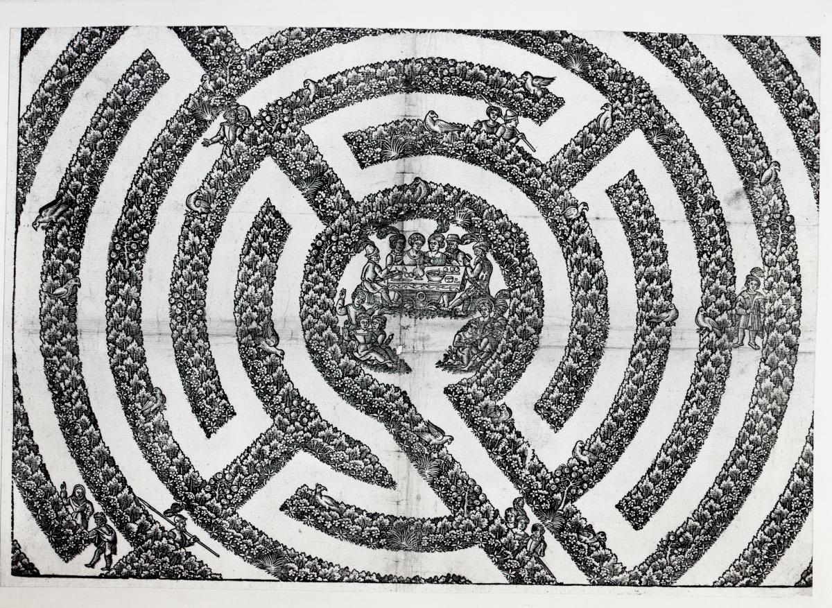 Labyrinthus - das große Liebesgarten-Labyrinth mit Reitern, einem lagernden Hirten und seiner Herde und der badenden Diana mit ihren Nymphen
