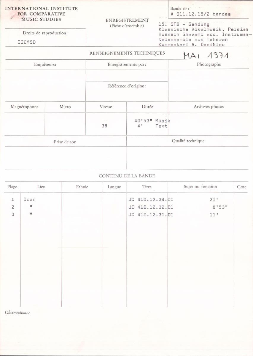 15. SFB-Sendung Klassische Vokalmusik, Persien: Hussein Ghavami acc. Instrumentalensemble aus Teheran