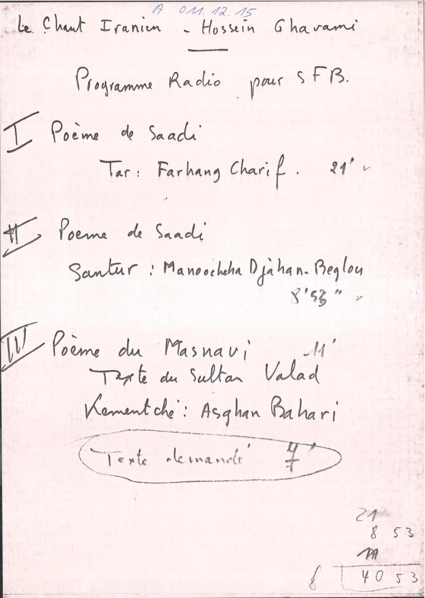 15. SFB-Sendung Klassische Vokalmusik, Persien: Hussein Ghavami acc. Instrumentalensemble aus Teheran