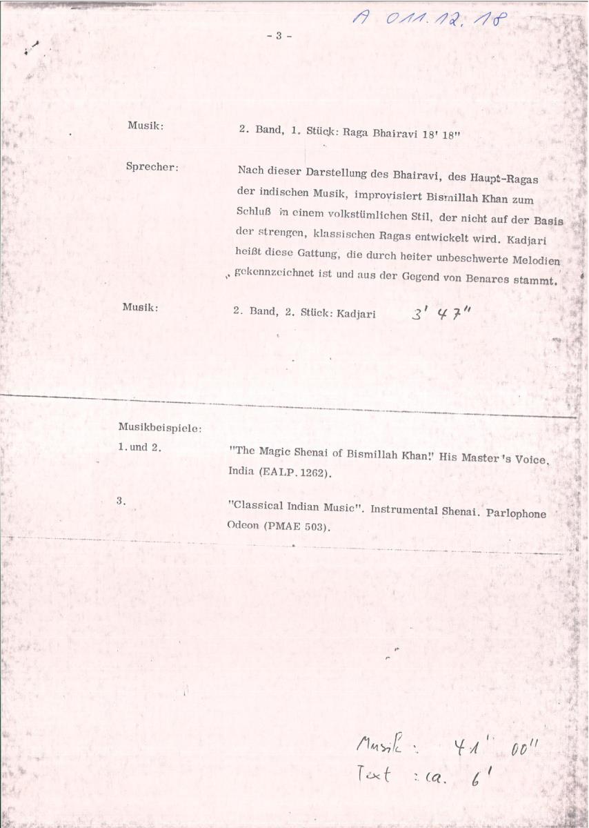 18. SFB-Sendung Indische Oboe Shahnai Bismillah Khan u. Ensemble, (Kommentar: Alain Daniélou)
