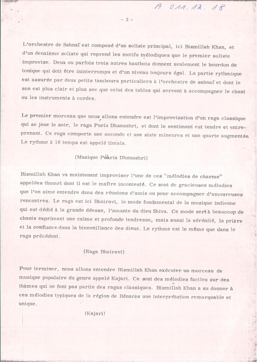 18. SFB-Sendung Indische Oboe Shahnai Bismillah Khan u. Ensemble, (Kommentar: Alain Daniélou)