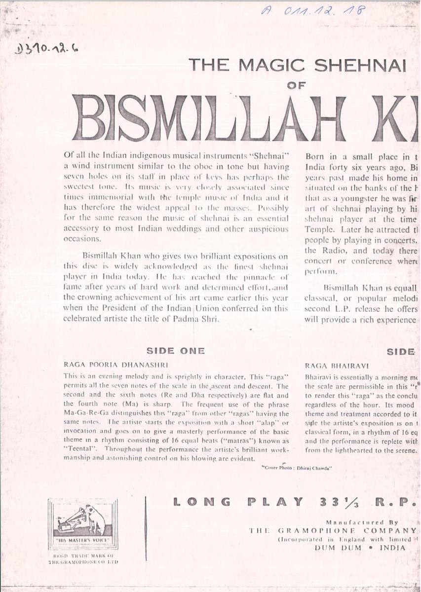 18. SFB-Sendung Indische Oboe Shahnai Bismillah Khan u. Ensemble, (Kommentar: Alain Daniélou)