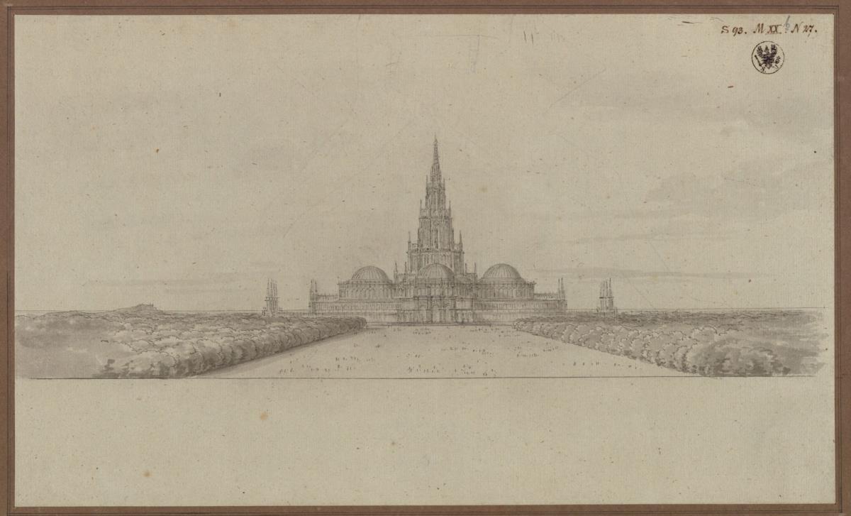 Berlin. Entwurf zu einem Dom als Denkmal für die Befreiungskriege (Befreiungsdom) mit Vierungsturm und Kuppeln über den Kreuzarmen
