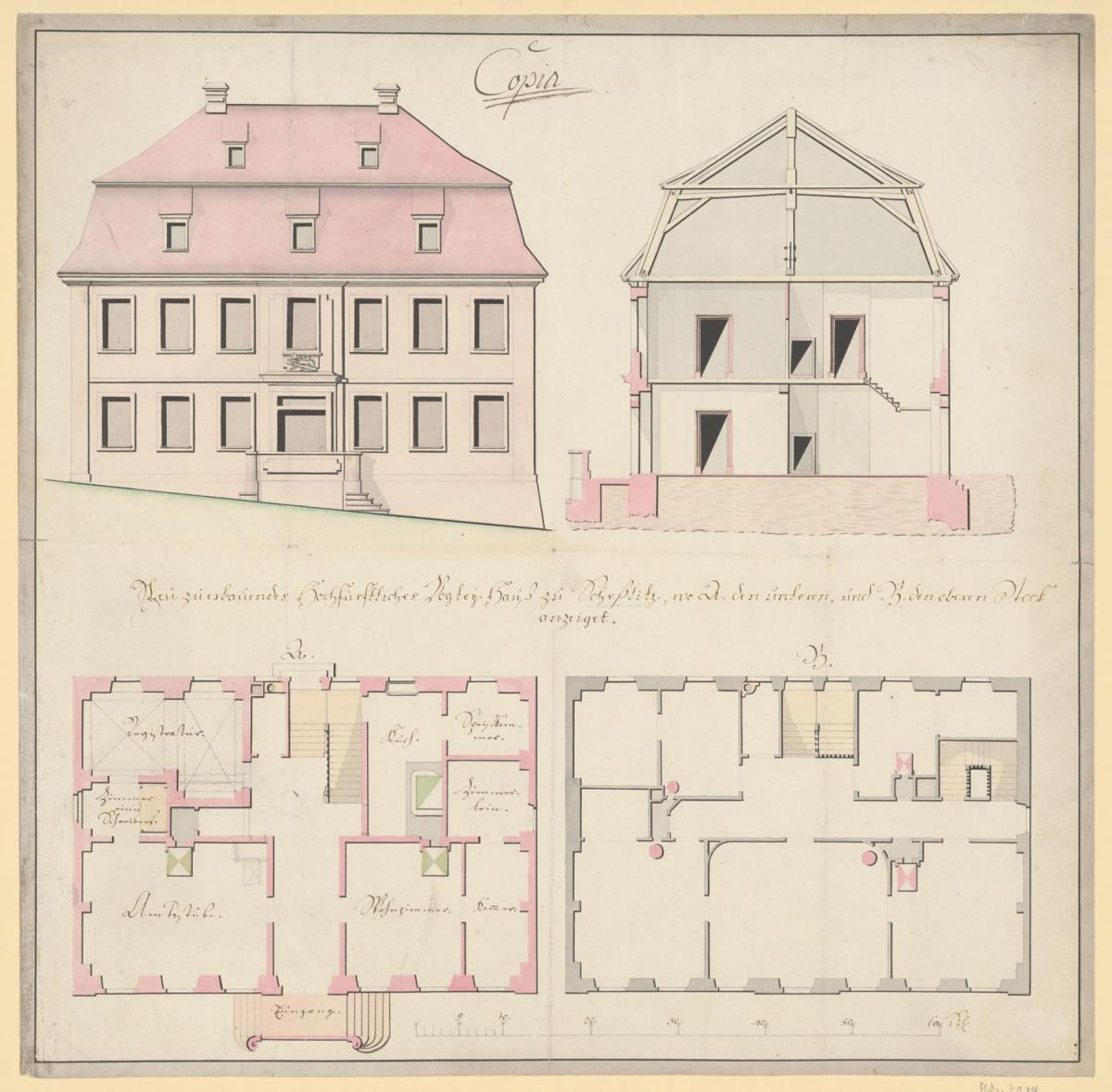 Entwurf für Vogtei-Haus zu Scheßlitz, Aufriss, Querschnitt und 2 Grundrisse