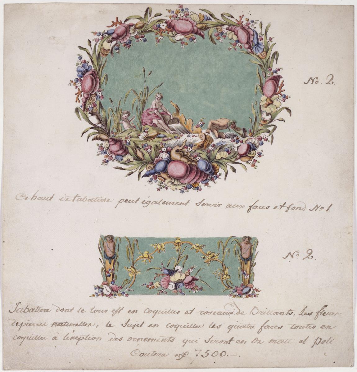 Dosen - Deckel und Seitenteil. Auf Chrysoprasgrünem Grund Najade und Triton in Farben, in einer Umrandung aus farbigem Muschel - und Pflanzenwerk. - Das Seitenteil zeigt goldnes Ornament und Muschelwerk zwischen zwei Tritonshermen