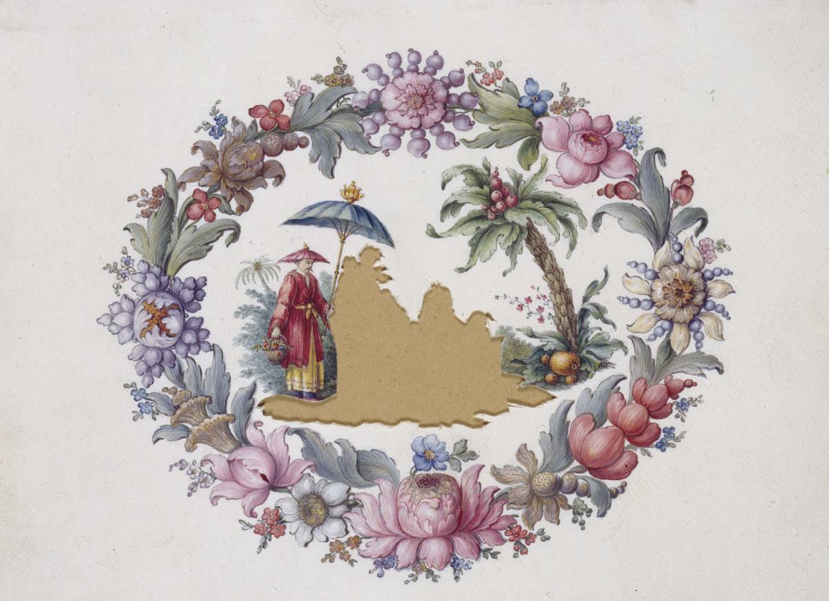 Dosendeckel. Farbige Chinesenszene. Die Umrandung aus farbigen Blumen
