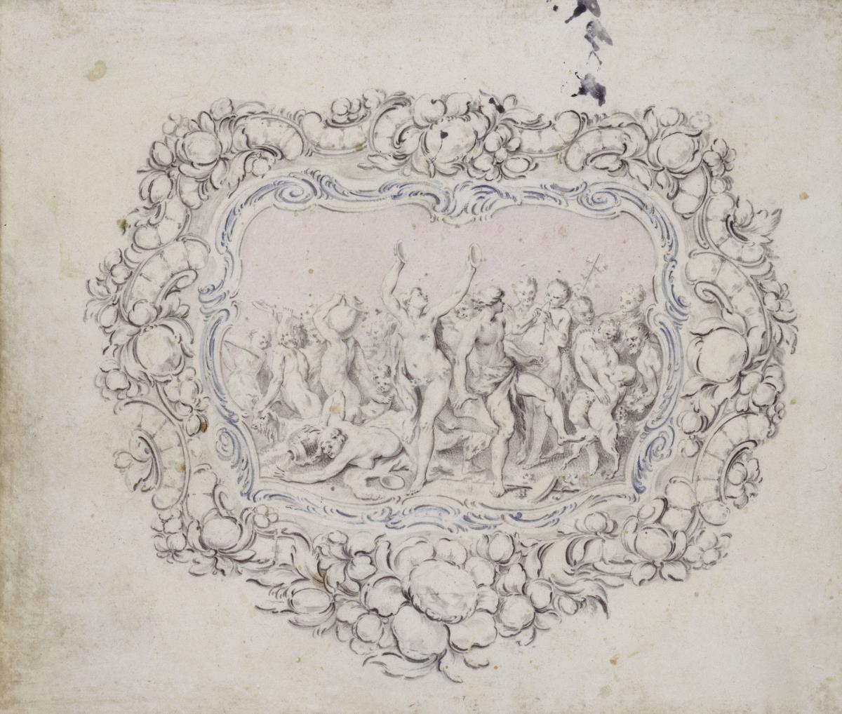 Desgleichen (Dosendeckel). Bacchanal in Grau auf rosa Grund, von bläulichen Rocaillen umgeben. Die Umrandung bilden Rocaillen und Blumen aus Diamanten