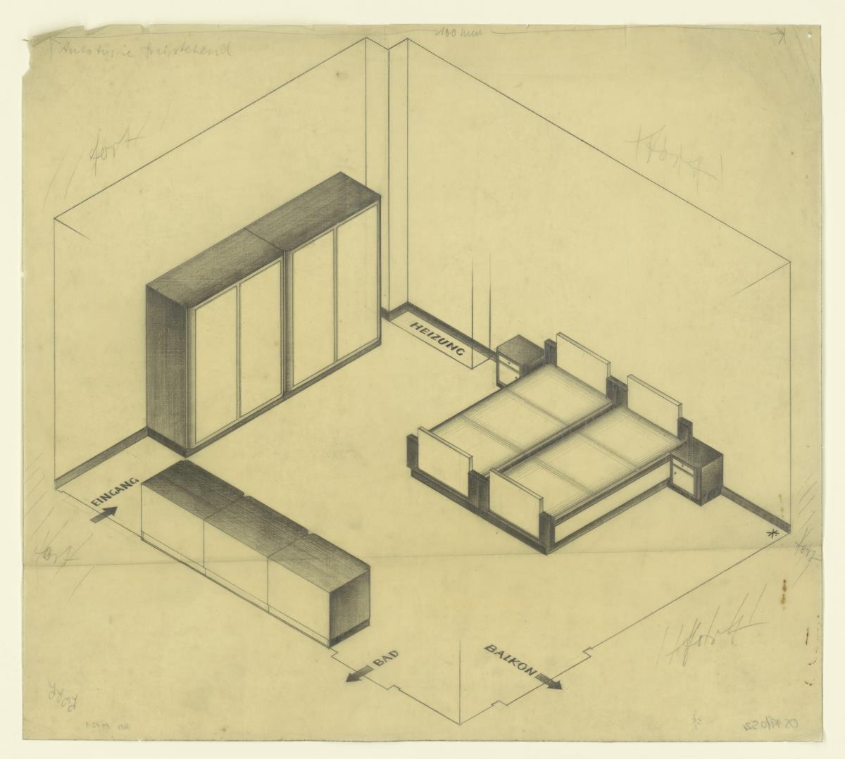 Schlafzimmer, Ansicht (Möbelentwürfe, Schlafräume)