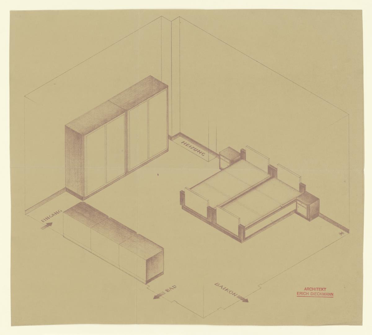 Schlafzimmer, Ansicht (Möbelentwürfe, Schlafräume)