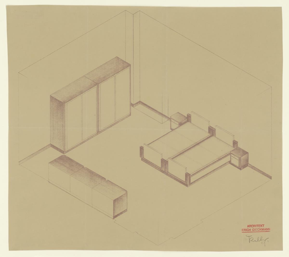 Schlafzimmer, Ansicht (Möbelentwürfe, Schlafräume)