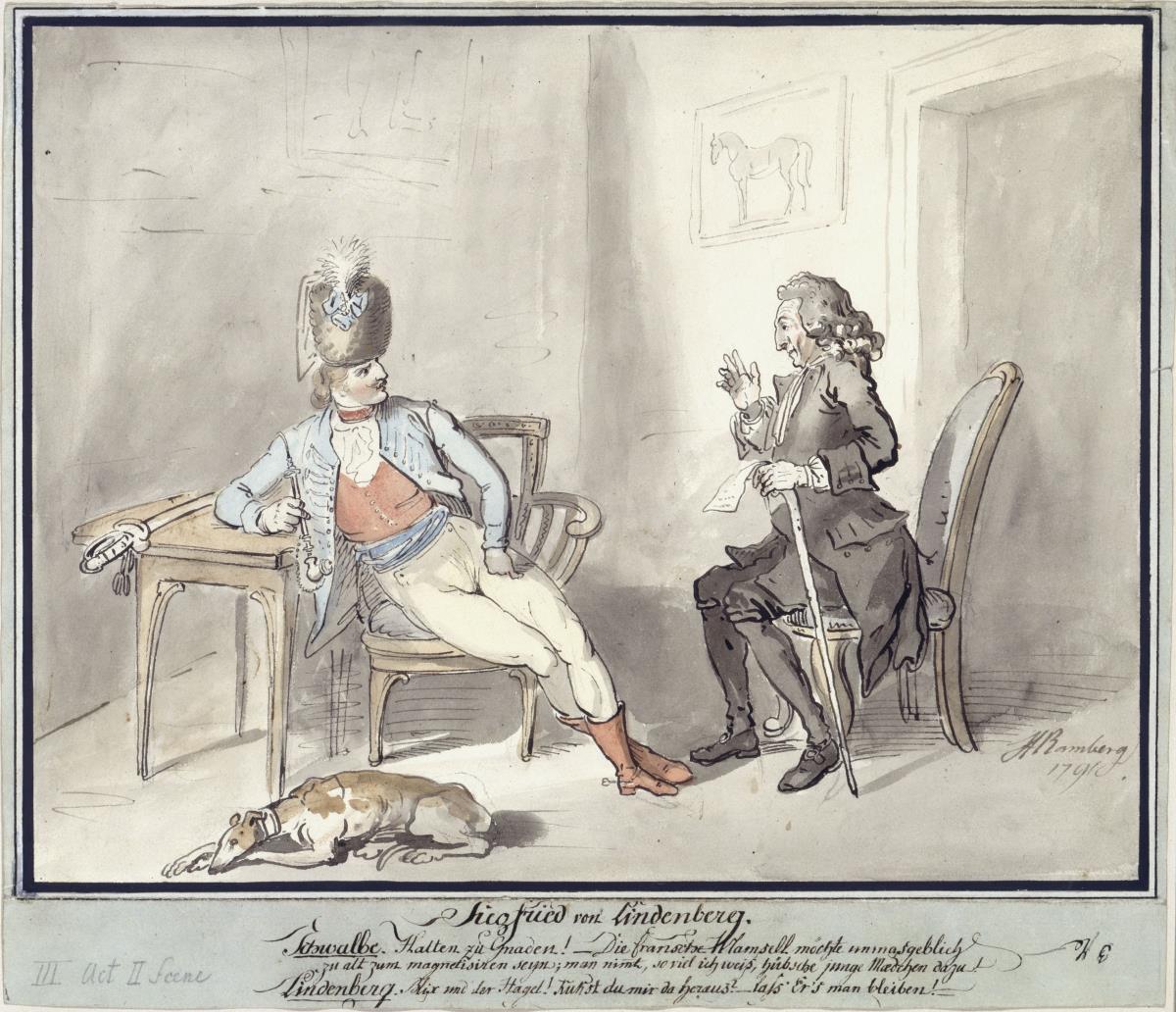 Illustration zu "Siegfried von Lindenberg" (3. Akt, 2. Szene) Schwalbe und Lindenberg im Gespräch