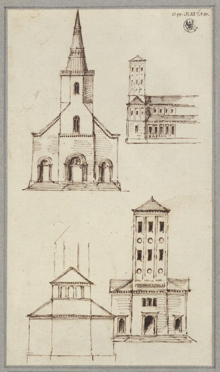 Zwei Entwürfe zur Westansicht einer Basilika & West- und Seitenansicht einer Basilika mit achteckigem Fassadenturm