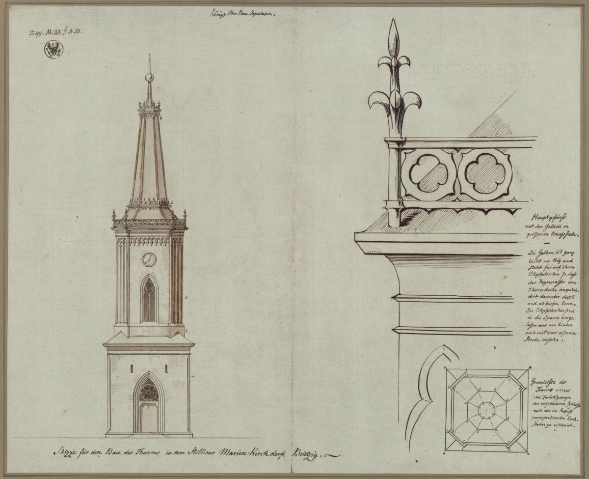 Brietzig bei Pyritz (Brzesko, Województwo Małopolskie). Turm der Kirche. Ansicht und Grundriss