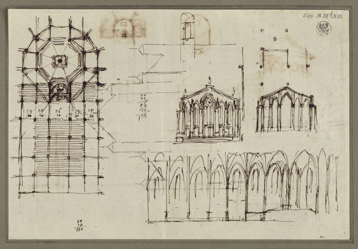 Entwurf zu einer fünfschiffigen Kirche. Grundriss mit zentralisiertem Altarbereich / Berlin. Dom als Denkmal für die Befreiungskriege (?)
