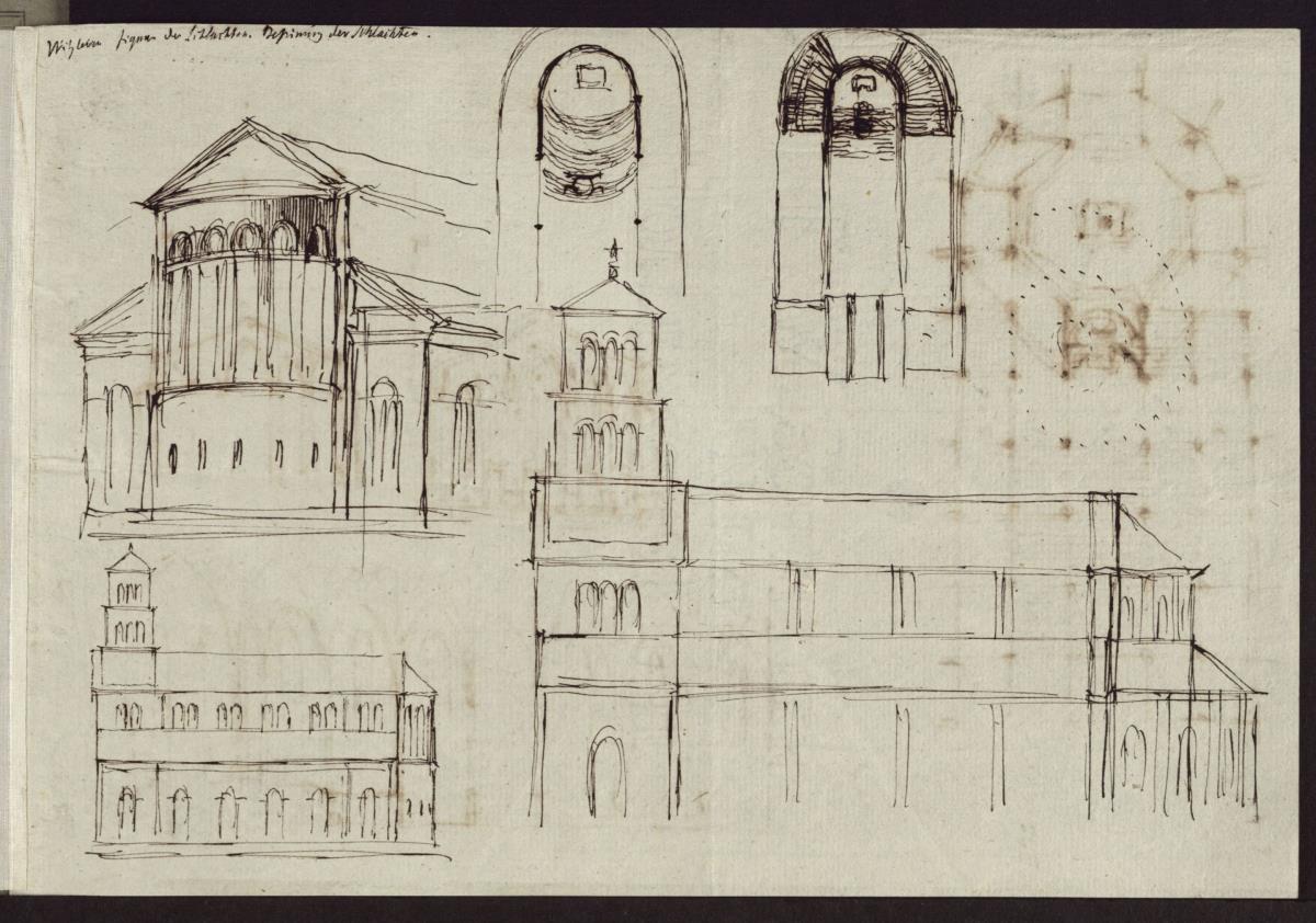 Entwurf zu einer dreischiffigen Kirche im Stil der Romanik mit und ohne Umgangschor. Seitenansicht, Choransicht und Grundriss & Nicht zugehörige Notizen / Berlin. Dom als Denkmal für die Befreiungskriege (?)